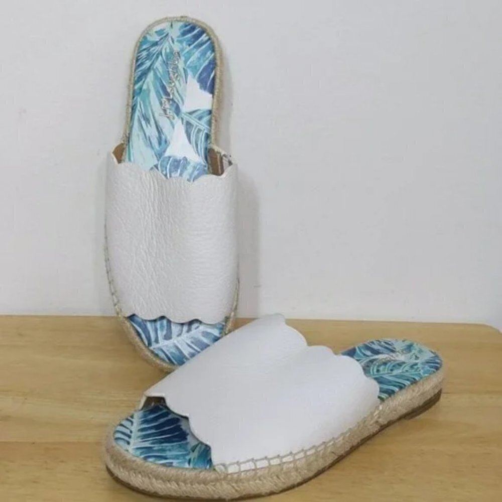 J. Mclaughlin Pebbled Leather Slide Tropical Espadrille Sandals Shoes - Picture 6 of 10